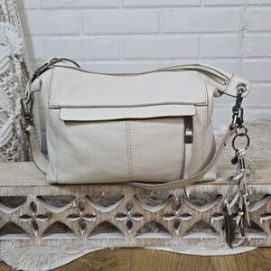 Women's Cream Leather Shoulder Bag with Tassel Accent